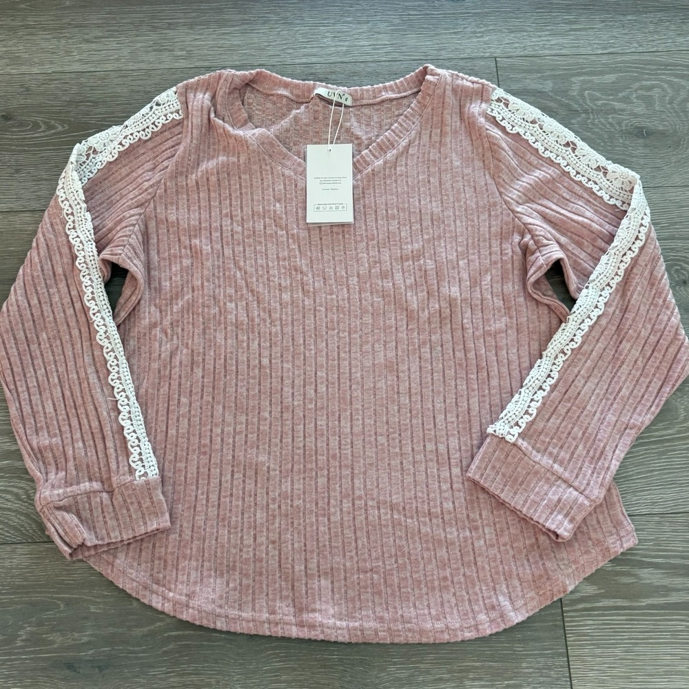 NWT Womens Pink Long Sleeve Lace Crochet Detail Pullover Crewneck Sweater XL